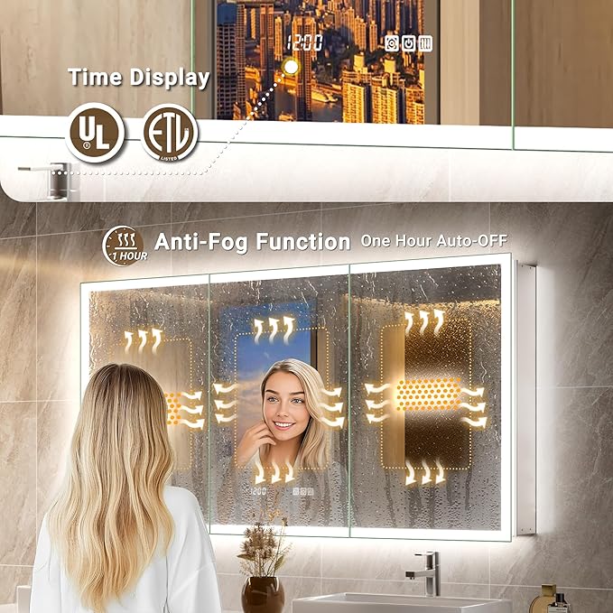 72x30 LED Medicine Cabinet Mirror with Double Lights-Front & Backlit, 155°Soft-close Hinge, Surface or Recessed Dimmable Lighted Medicine Cabinet Mirror with Clock Outlet Inner Light,Anti-fog