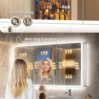 72x30 LED Medicine Cabinet Mirror with Double Lights-Front & Backlit, 155°Soft-close Hinge, Surface or Recessed Dimmable Lighted Medicine Cabinet Mirror with Clock Outlet Inner Light,Anti-fog