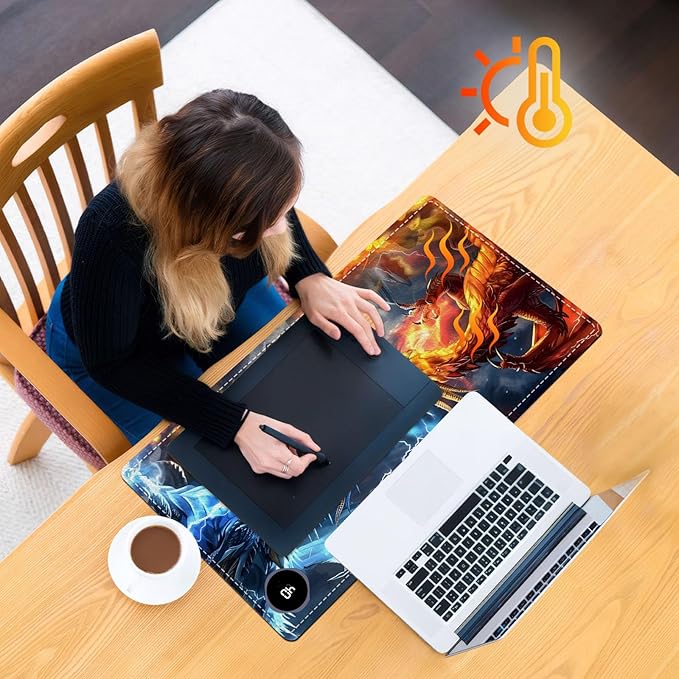 Heated Mouse Pad, Warm Desk Pad, Keyboard Mat 23.6 x 14 Inch Large Size Intelligent Fast Heating, 3 Speed Adjustable, Timed Auto Power Off for Game Office Home, Dragons Gather