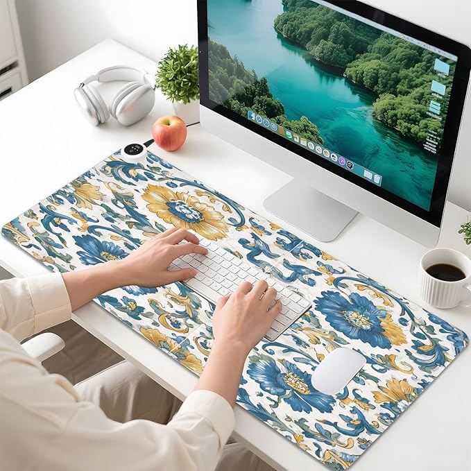 Heated Desk Pad Mouse Pad 31.5x13 Inch PU Leather Desk Mat with 3 Heat Levels Large Mouse Gaming Computer Laptop Mat Floral Blue and Yellow Tile