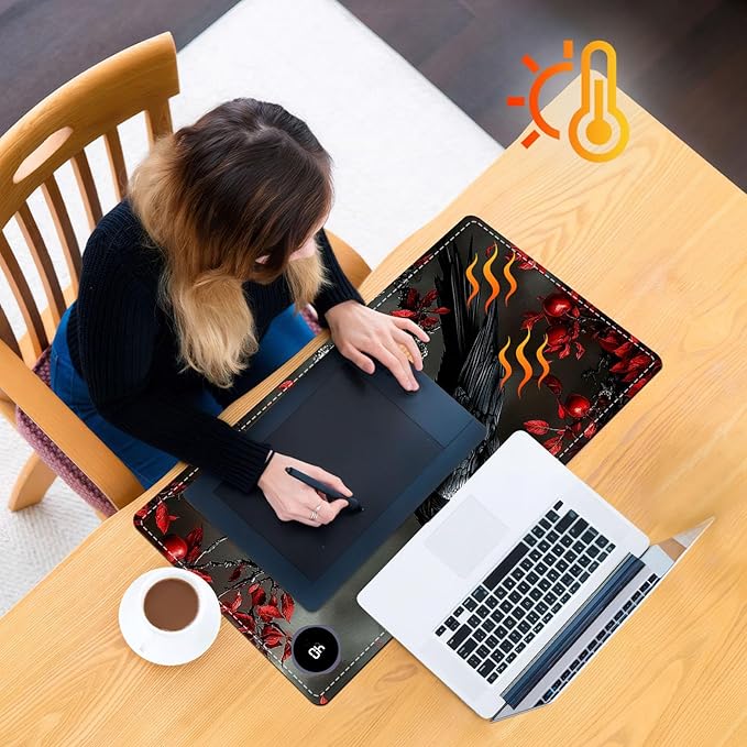 Heated Mouse Pad 23.6 x 14 in 3-Temp Fast Heating Desk Mat with Auto Timer Warmer for Hands Wrist Pain Relief Waterproof Keyboard Mat for Office, Gaming, Home, Raven Red Berries