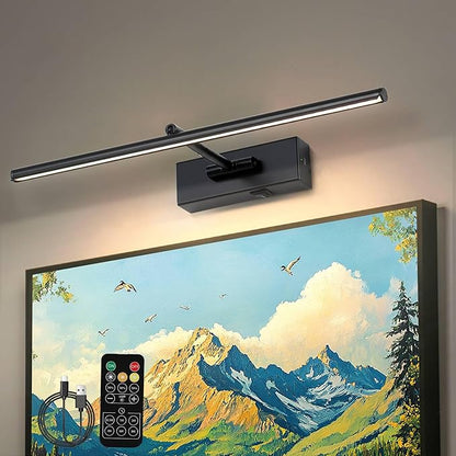 Battery Operated Picture Light with Wireless Remote 3CCT Dimmable Black Wall Art Lights for Paintings Rechargeable Home Decor Gallery Light 20'' Artwork Lighting for Canvas Timer Function