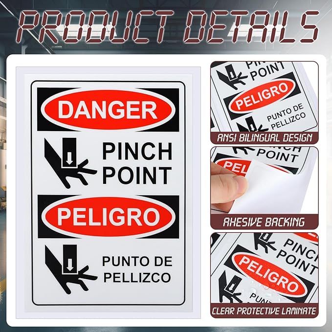 100 PCS Danger Pinch Point English + Spanish OSHA Label Decal - 5 x 3.5 Inch Bilingual Safety Warning Label Decal Vinyl for Machinery Equipment Industrial Warehouse