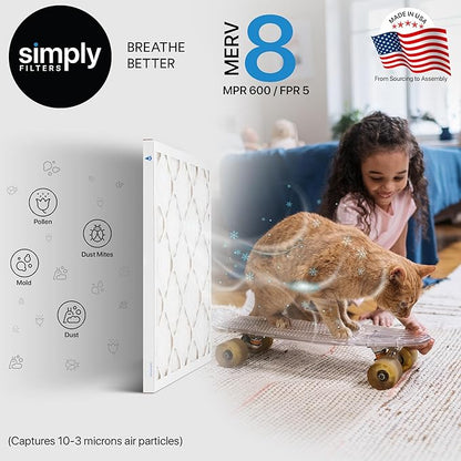 Simply 16x22x1 Air Filter, Merv 8, 6 Pack, For Home AC Furnace & HVAC (Actual Size: 15.75"x21.75"x0.75") DUST, Pet, & Allergy Control