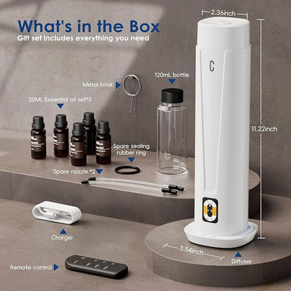 Waterless Scent Diffuser – 1200 Sq Ft Coverage, Essential Oil Diffuser with Remote Control, Quiet Aromatherapy Diffuser with LED Light & Timer, Scent Air Machine for Home, Office, Hotel