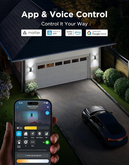 Govee Outdoor UpDown Wall Light, 1 Pack, 1200LM RGBICWW Smart Porch Lights Outdoor with 64 Scene Modes, IP66 Waterproof Wall Sconce for Outdoor Decor, Works with Alexa, Google Assistant and Matter