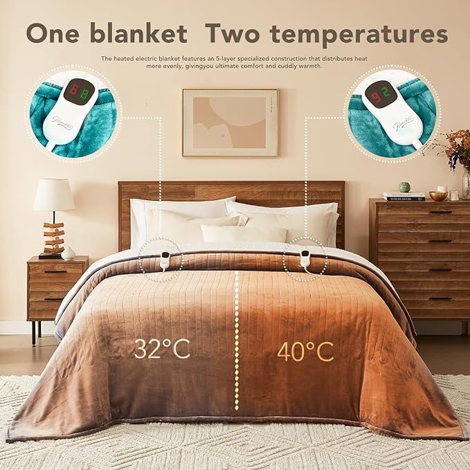 Homemate Electric Heated Blanket King - 100"x90" Heating Bed Blankets Throw with 10 Heating Levels 8 Hours Auto Off Fast Heating Over-Heated Protection Ultra Soft Warm Flannel ETL Certified