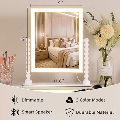 Vanity Makeup Mirror with Lights 9”x12” Hollywood Mirror with Music Speaker Dimmable 3 Color Lighting Light up Mirror with 10X Magnification 360 Degree Rotation for Bedroom Bathroom