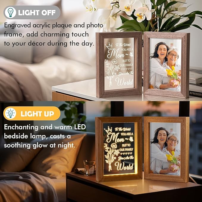 Tiblue Christmas Gifts for Mom from Daughter Son Best Mom Gifts Unique, Engraved Night Light with Mother Picture Frame 5x7, Solid Wood New Mama Mothers Day Gift for Mother-in Law Wife