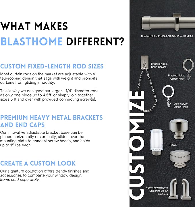 BlastHome® Non-Adjustable Luxury Curtain Rods for Windows, 1 ¼” Rod Set, 3 foot Fixed Length, Brushed Nickel