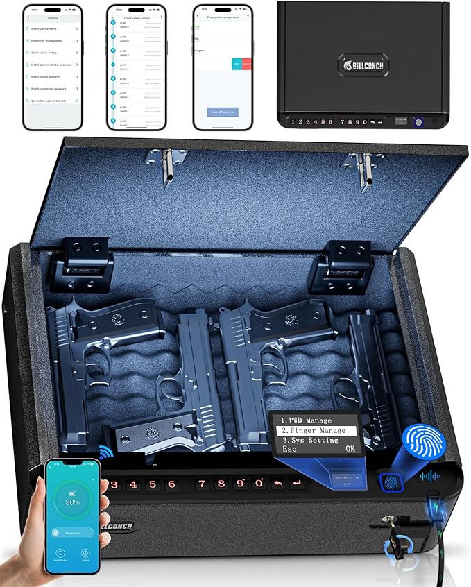 BILLCONCH Smart Gun Safe with Security Cable - Biometric Pistol Safe for Handgun 4 Ways Quick Access with Fingerprint/Keypad/Key/APP Lock, for Nightstand Bedside Home Car with LCD and Voice Guide