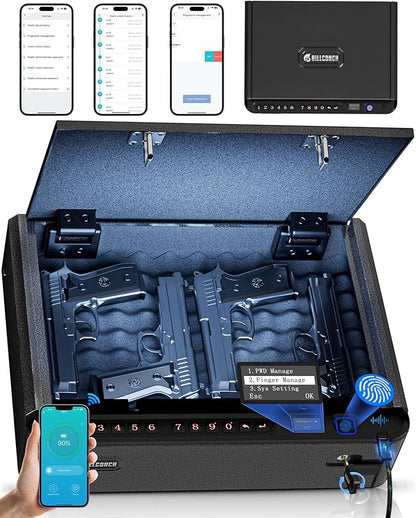 BILLCONCH Smart Gun Safe with Security Cable - Biometric Pistol Safe for Handgun 4 Ways Quick Access with Fingerprint/Keypad/Key/APP Lock, for Nightstand Bedside Home Car with LCD and Voice Guide