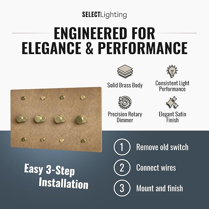 SELECT Vintage Brass Dimmer Light Switch, 1 Way Rotary Dimmer, 4 Gang TRIAC/Leading Edge Dimmable LED Light Switch, 15A 120V AC with Brass Knob, Faceplate & Dimming Module, UL Listed