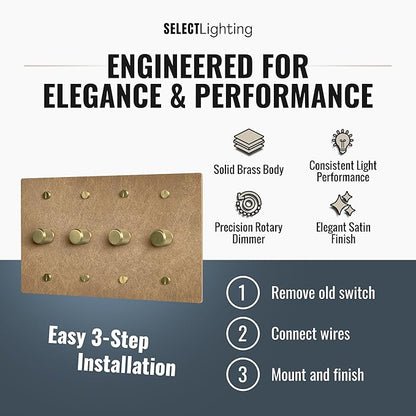 SELECT Vintage Brass Dimmer Light Switch, 1 Way Rotary Dimmer, 4 Gang TRIAC/Leading Edge Dimmable LED Light Switch, 15A 120V AC with Brass Knob, Faceplate & Dimming Module, UL Listed
