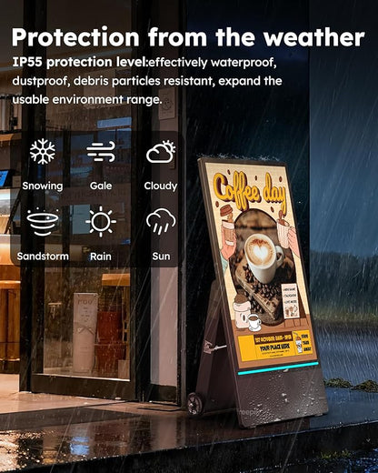 HARZHI 43 Inch Outdoor Digital Signage Display, Portable Powered High Brightness Screen Advertising Display Kiosk, Movable Waterproof Standing Poster, Business Helper, Android OS MWE