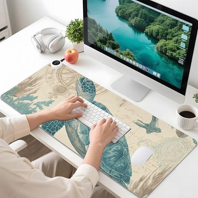 Heated Desk Pad Mouse Pad 31.5x13 Inch PU Leather Desk Mat with 3 Heat Levels Large Mouse Gaming Computer Laptop Mat Retro Sea Turtle Compass