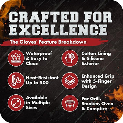 KITCHEN PERFECTION XL Silicone Smoker Oven Gloves-Extreme Heat Resistant BBQ Gloves-Handle Hot Food Right on Your Grill Fryer&Pit|Waterproof Grilling Cooking Baking Mitts|Superior Value Set+3 Bonuses