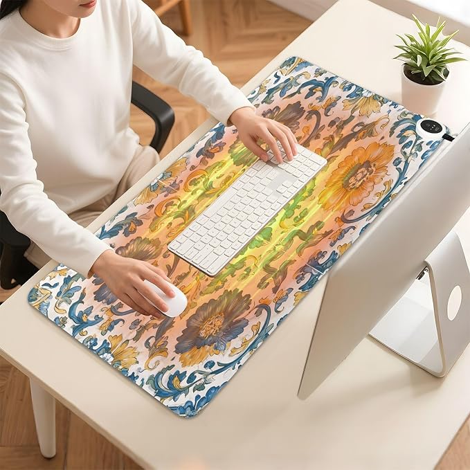 Heated Desk Pad Mouse Pad 31.5x13 Inch PU Leather Desk Mat with 3 Heat Levels Large Mouse Gaming Computer Laptop Mat Floral Blue and Yellow Tile