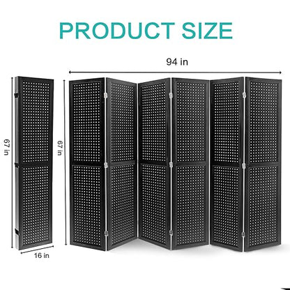 Babion 6 Panel Pegboard Display, Peg Board Room Divider Freestanding Folding Privacy Screens Display Stand for Craft Shows (Black)
