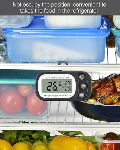 Frienda 12 Pack Black Digital Fridge Thermometer Waterproof Refrigerator and Freezer Room Max/min Record Function LCD Screen Refrigerator Thermometer with Hook and Magnetic Back for Home
