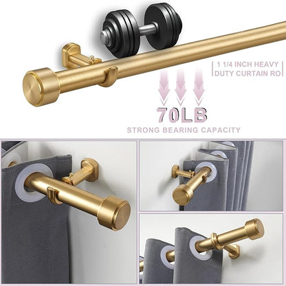 Heavy Duty Curtain Rods,1 1/4" Large Diameter Premium Nonadjustable Curtain Rod,144in/12ft Custom Window Treatment Rods with Durable Aluminum Brackets and End Caps,Gold Finish
