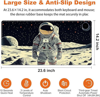 Small Heated Desk Pad 23.6" x 14.2" – Compact Electric Mouse Pad with 3 Heating Levels, Auto Shut-Off, Waterproof PU Surface, Plug-in Warmer for Office or Home Use, Astronaut on Moon