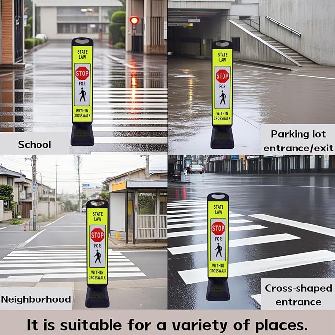 Pedestrian Crosswalk Sign with Heavy Weighted Water-Filled Base - 2 Sets, Reflective Safety Traffic Sign for Sidewalks, Parking Lots, and Roadways, Durable and Portable