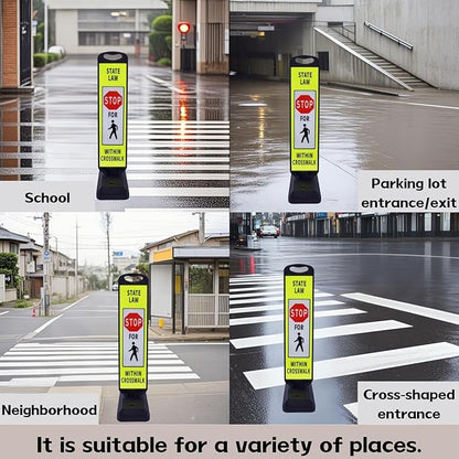 Pedestrian Crosswalk Sign with Heavy Weighted Water-Filled Base - 2 Sets, Reflective Safety Traffic Sign for Sidewalks, Parking Lots, and Roadways, Durable and Portable