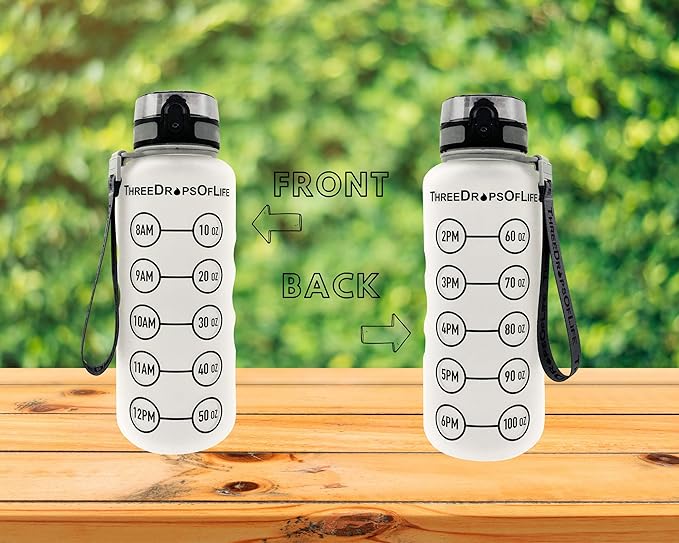 Three Drops of Life New 50oz Large Hydration Tracker Sport Water Bottles, Frosted Clear Tritan Plastic Bottle for Hydration Timer Tracking, Smart Remind Time Marker - Reusable, Leak Proof, BPA Free