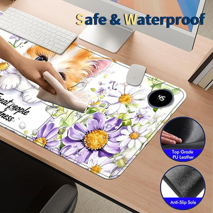 Heated Mouse Pad with 3 Temperature Settings(104°F–122°F),Large 31.5x13 Inch PU Leather Heated Desk Mat,Waterproof Warming Pad for Office,Gaming & Cold Hands Relief,Cute Cat Flower