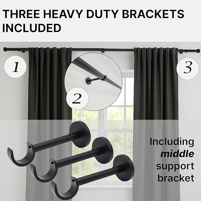 Matte Black Curtain Rod, Adjustable Curtain Rods for Windows 48 to 84 with three Heavy Duty Modern Design Long Brackets included, Matte Black 1 inch Expandable Rod