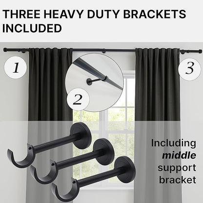 Matte Black Curtain Rod, Adjustable Curtain Rods for Windows 48 to 84 with three Heavy Duty Modern Design Long Brackets included, Matte Black 1 inch Expandable Rod