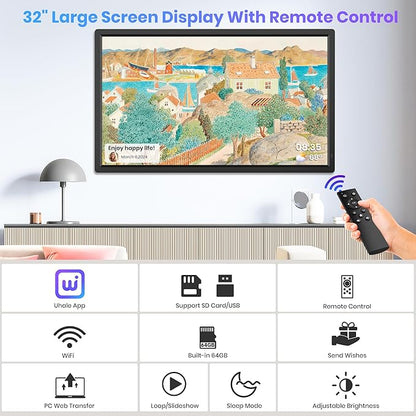 Uhale 32" Extra Large Digital Picture Frame 64GB, WiFi Photo Frames 1920 x 1080 FHD IPS Display with Remote Control, Wall Mounted, Slideshow, Support USB and SD Card, Instantly Share Photos Videos