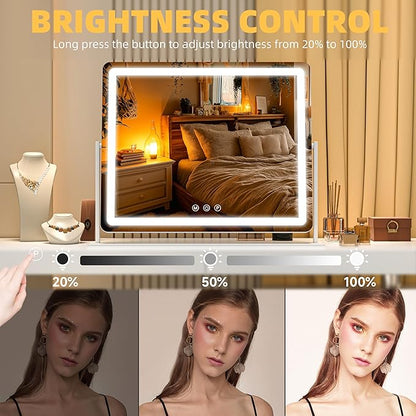 Vanity Mirror with Lights, 34'' x 25.6'' Lighted Makeup Mirror, Touch Screen with 3-Color Lighting, Dimmable for Vanity Desk Tabletop Round White