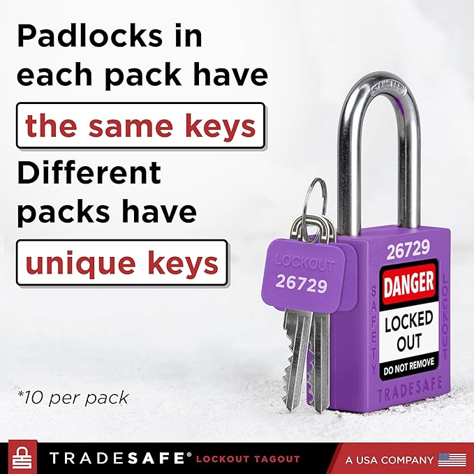 TRADESAFE Lockout Tagout Locks Set - 10 Purple Keyed Alike Padlocks, 2 Keys Per Lock, OSHA Compliant Loto Locks for Lock Out Tag Out Stations, Premium Grade