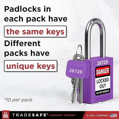 TRADESAFE Lockout Tagout Locks Set - 10 Purple Keyed Alike Padlocks, 2 Keys Per Lock, OSHA Compliant Loto Locks for Lock Out Tag Out Stations, Premium Grade