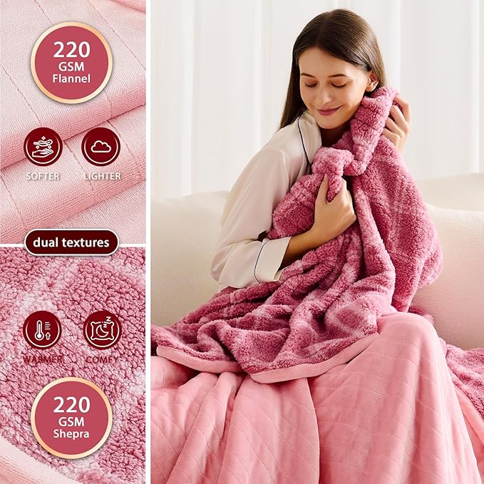 Heated Electric Blanket Full Size - 72"x84" Flannel Heating Blanket with 10 Heating Levels & 5 Time Settings Over-Heat Protection, Winter Warmer for Adults with ETL Certification（Pink）