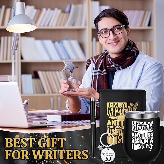6 Pcs Writer Gifts for Men Women Future Author's Gift 12 oz Stainless Steel Cup Socks Keychain Pen Notebook Box for Novelist Screenwriter Poet Christmas Reading Writing Book Gifts