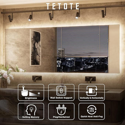 TETOTE 48 x 36 Inch LED Backlit Bathroom Mirror with Lights, 3Color White/Warm/Natural, Anti-Fog Lighted Mirror,Dimmable,Vanity Mirror,Wall Mounted