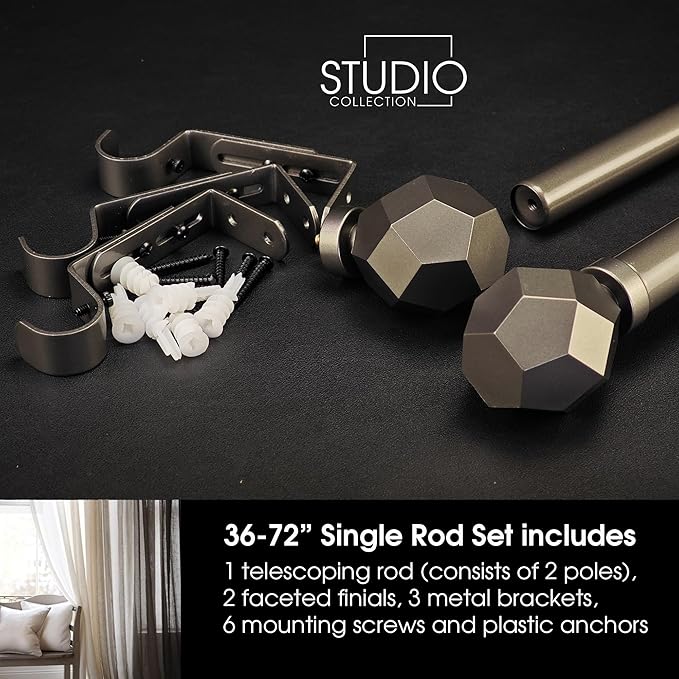 1-1/8 Inch Diameter Burnished Silver Curtain Rod with Geometric Faceted Finials, 36-72'' Telescoping Single Curtain Rods for window width 24-68 inch, 1 pack
