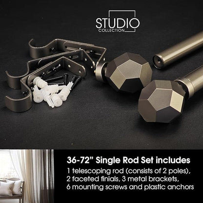 1-1/8 Inch Diameter Burnished Silver Curtain Rod with Geometric Faceted Finials, 36-72'' Telescoping Single Curtain Rods for window width 24-68 inch, 1 pack