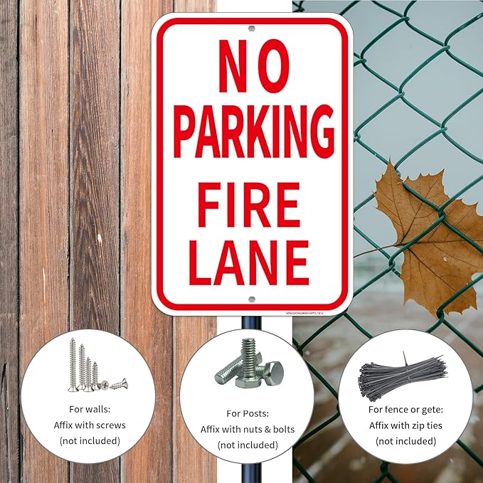 4 Pack Fire Lane No Parking Signs -12" x 18" Aluminum No Parking Fire Lane Sign for Business, With Reflective Overlay, Rust Free, Weather Resistant- Easy to install