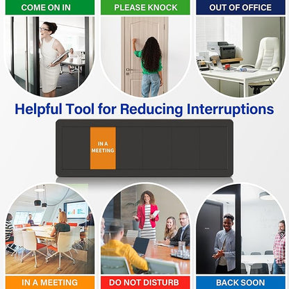 Office Door Signs with 6 Printed Status Options – Do Not Disturb, Out of Office, In a Meeting, Please Knock, Back Soon, Come on in – Includes Custom Personalized Blank Sticker for Privacy Workspace or Studio Available and Away