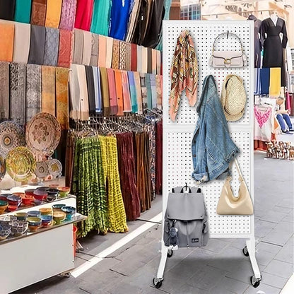 Royxen Standing Pegboard Display 2 x 5 Feet, Metal Pegboard with 30 Hooks, Peg Board Display Stand with Wheels for Vendors, Home and Retail Store (White)