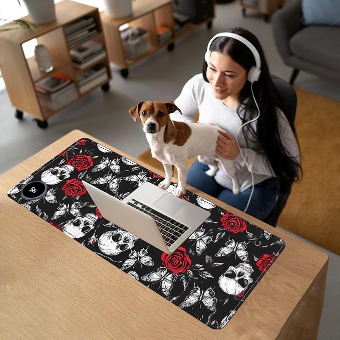 Heated Mouse Pad with 3 Temperature Settings(104°F–122°F),Large 31.5x13 Inch PU Leather Heated Desk Mat,Waterproof Warming Pad for Office,Gaming & Cold Hands Relief,Skeleton Skull Rose