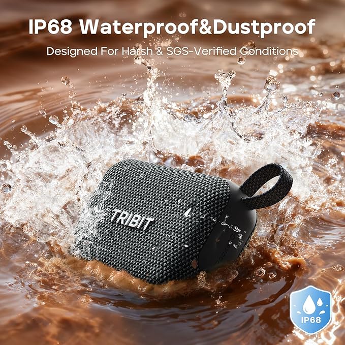 Tribit PocketGo Portable Bluetooth Speaker, 20H Playtime, IP68 Waterproof/Dustproof, Wireless, BT6.0, Shower, Powerful Sound, Custom EQ, TWS, Support TF Card, Floatable, Type-C, Travel/Outdoors/Home