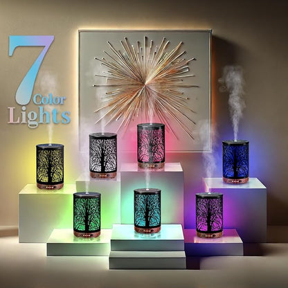 Essential Oil Diffuser 120ML Metal Aromatherapy Diffuser, Cool Mist Humidifier with Auto Shut-Off Protection 7 Color Lights for Home Office Spa (Tree)