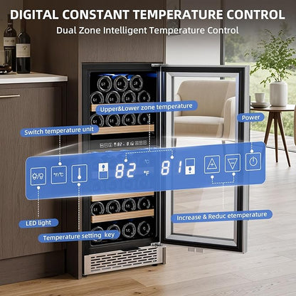 Antarctic Star Wine Fridge 15 Inch Wine Cooler Refrigerator,27 Bottles Dual Zone Freestanding or Bulit-in Wine Cooler Fridge with Stainless Steel Double-Layer Tempered Glass Door,3.1cu.ft