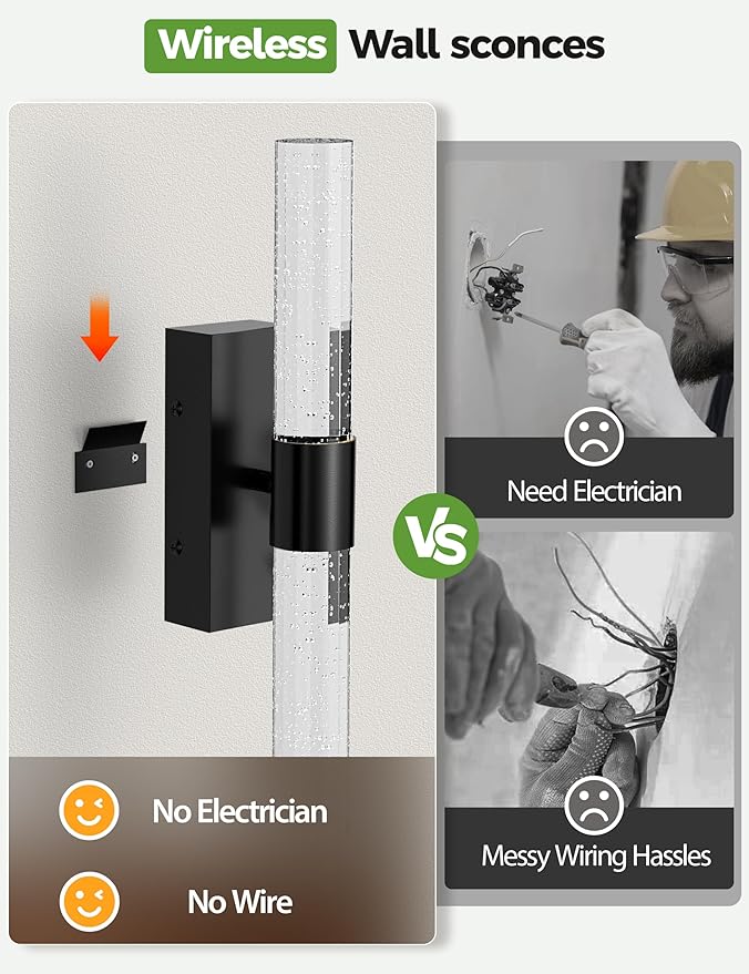 Battery Operated Wall Sconce Set of 2,3CCT Dimmable,10400mAh,Black Modern Rechargeable Wall Sconce with Remote,Wireless Wall Lights for Bedroom,Living Room,Hallway(15.3 inch)