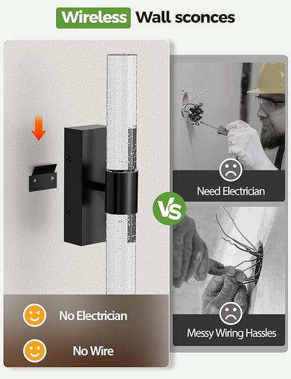 Battery Operated Wall Sconce Set of 2,3CCT Dimmable,10400mAh,Black Modern Rechargeable Wall Sconce with Remote,Wireless Wall Lights for Bedroom,Living Room,Hallway(15.3 inch)
